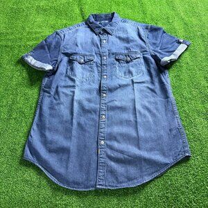 Calvin Klein Jeans Mens Short Sleeve Metal Snap Logo Casual Jeans Shirt Size M